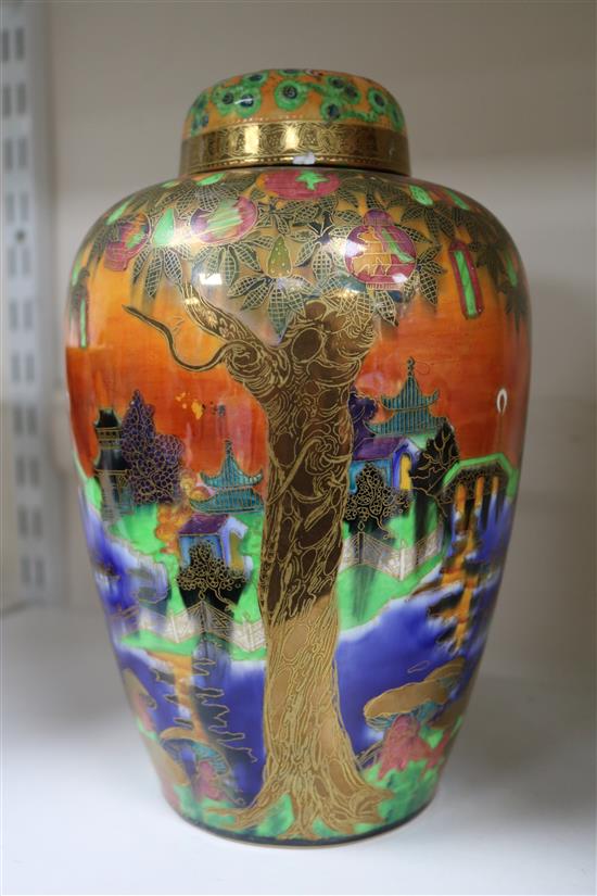 A Daisy Makeig-Jones for Wedgwood. A Willow pattern Flame Fairyland lustre Malfrey vase and cover, height 24.5cm, cover broken and rest